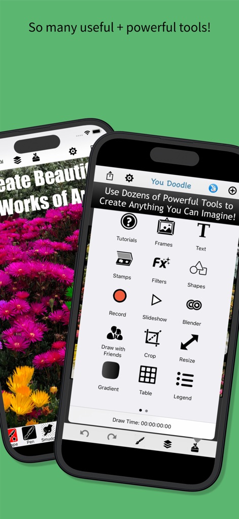 You Doodle - draw on photos - L'applicazione presenta un vasto assortimento di strumenti, visibili nel menu con icone per "Frames" e "Stamps", che consentono agli utenti di esplorare una creatività illimitata per ogni progetto.