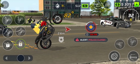 Moto Bike Wheelie Master - This screenshot captures an intense police chase challenge in an urban environment, featuring the prominent 'ALERT: POLICE CLOSE!' warning and dynamic stunt angle indicators.