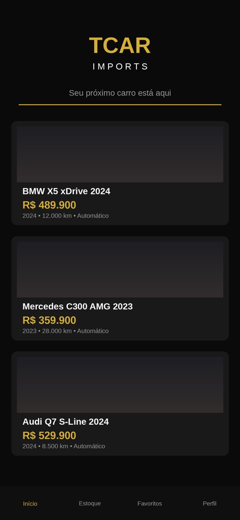 TCAR Imports - L'app mette in evidenza i modelli di lusso con schede chiare come la "BMW X5 xDrive 2024" e dettagli cruciali quali il prezzo "R$ 489.900", l'anno e il chilometraggio.