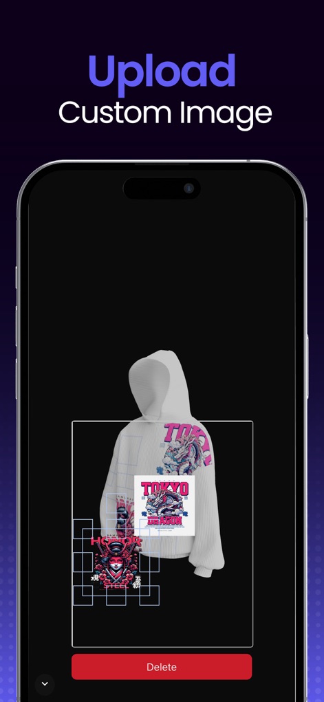 3DMockups - Clothes Designer - This tool empowers users to seamlessly integrate their own graphics onto any garment, highlighted by the precise placement grid and the visible 'Delete' action button.