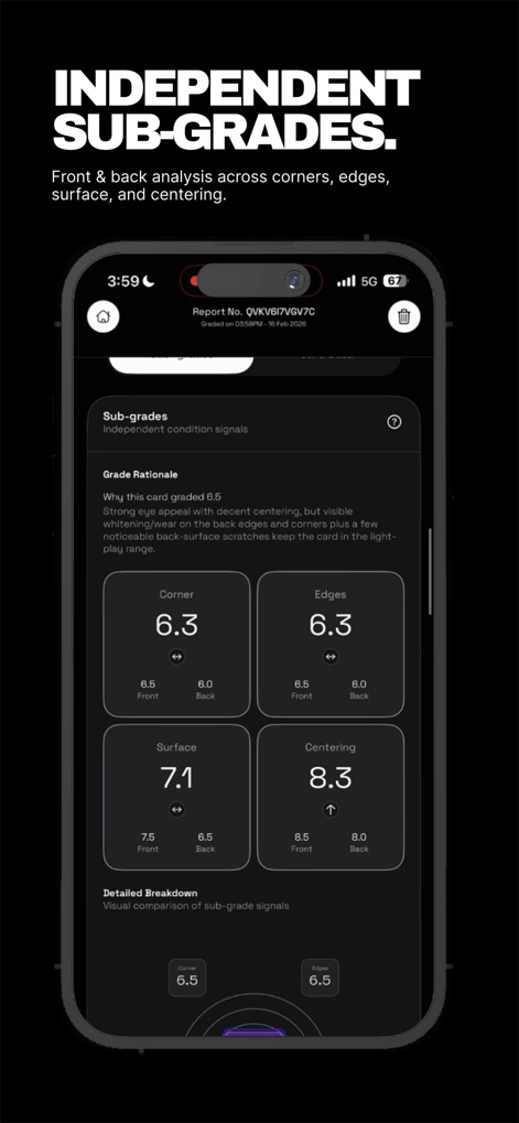 Digital Grading Co - The app delivers a granular breakdown of individual "Corner," "Edges," "Surface," and "Centering" sub-grades, showcasing distinct scores for both the "Front" and "Back" of the card.