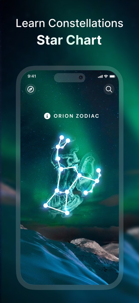 Star Gazer - Live Sky View Map - The app provides detailed star charts for learning constellations, vividly illustrating the Orion Zodiac against a stunning aurora-like backdrop.