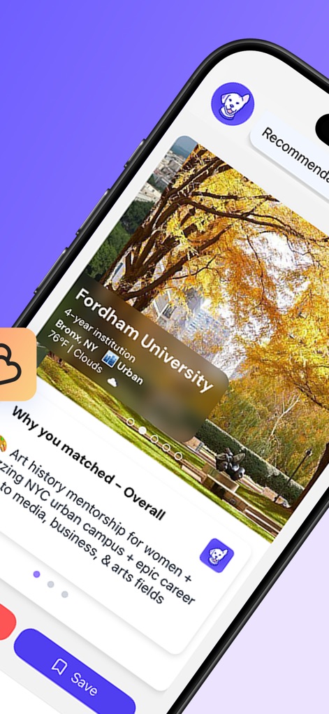 Loper - College Search - Users can explore comprehensive university profiles, seeing detailed information like location and environment, alongside personalized reasons for a potential match.