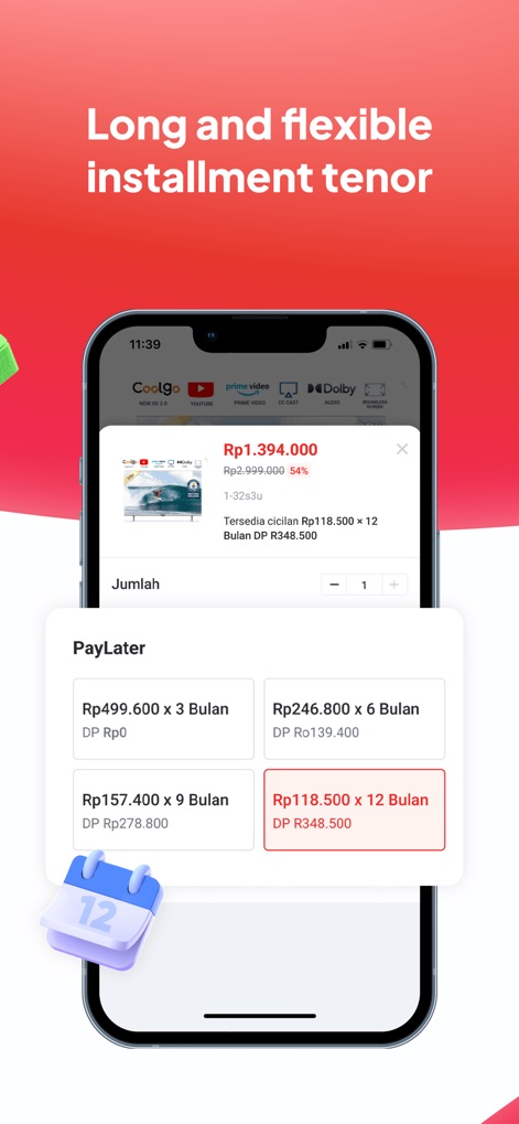 Akulaku-Installment Shopping - The app provides multiple flexible installment tenors, allowing users to choose payment periods from 3 to 12 months with a clear breakdown of monthly payments and down payments.