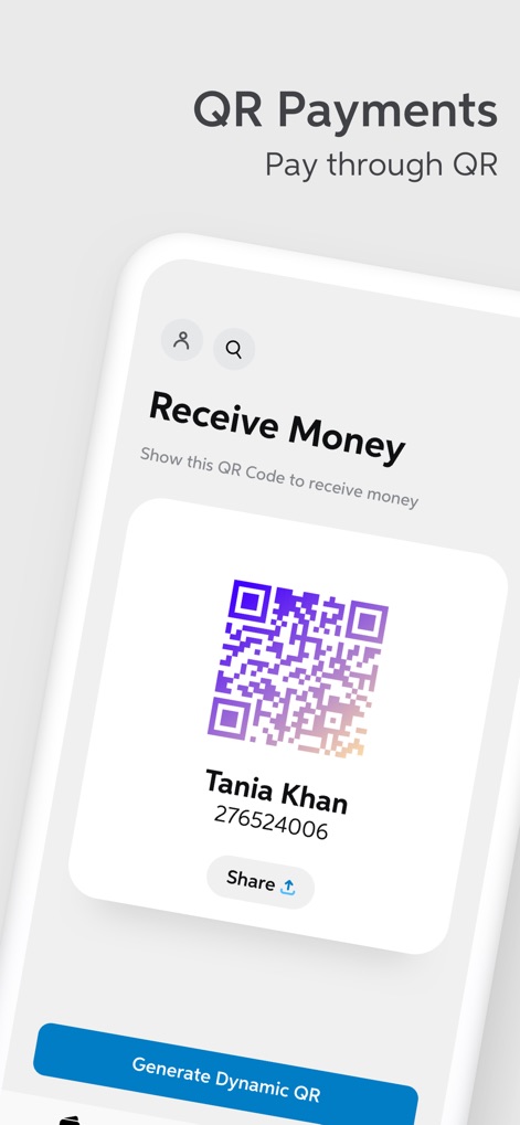 UBL Digital - Safe Banking - Facilitate secure payments by displaying a unique QR code for receiving funds, alongside a convenient 'Share' option for easy sharing.