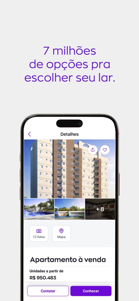 ZAP Imóveis | Compra e Aluguel - 이 앱은 여러 각도에서 촬영된 건물의 고품질 사진을 제공하며, 사용자는 '12 fotos' 버튼을 통해 더 많은 이미지를 확인하고 'Mapa' 버튼으로 위치를 파악할 수 있습니다.