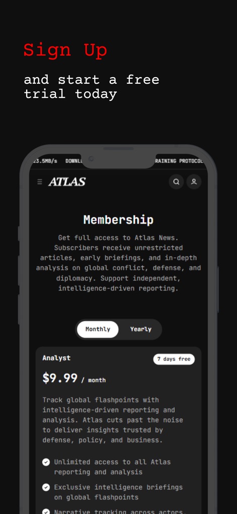 The Atlas News - Dieser Bildschirm stellt die Abonnementoptionen übersichtlich dar, inklusive des Preises von „$9.99 / month“ und einer detaillierten Auflistung der exklusiven Mitgliedschaftsvorteile.