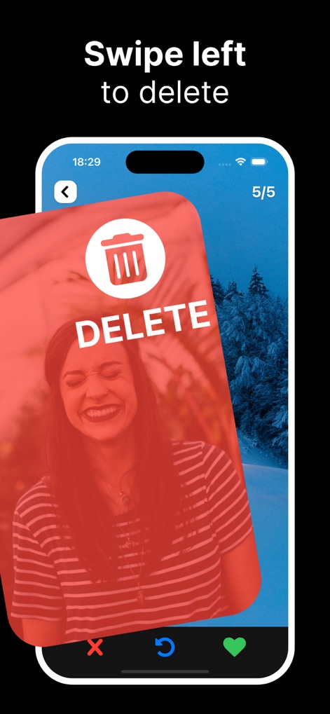 Photo Cleaner ® - This tool allows users to easily delete unwanted photos with a quick swipe left motion, highlighted by the striking 'DELETE' overlay and trashcan icon.