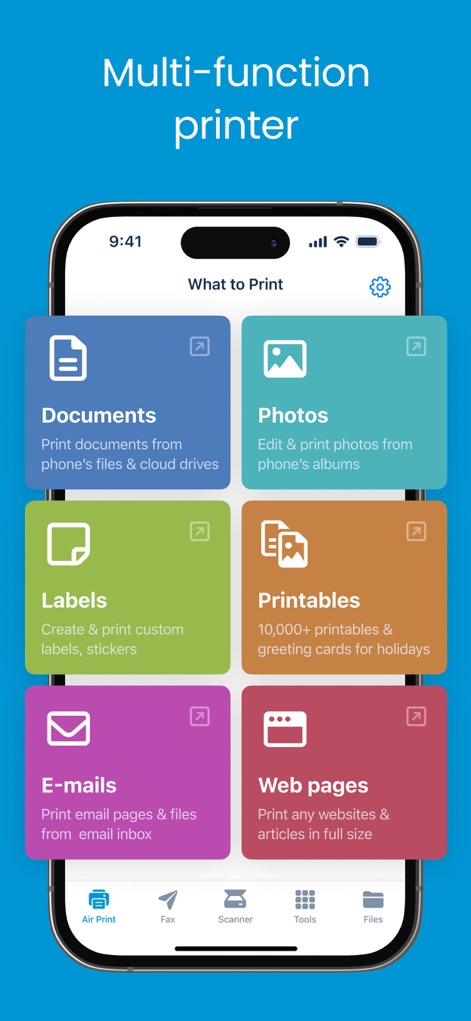 Smart Printer App & Scan - Esta interfaz intuitiva presenta accesos directos claros a diversas funciones, permitiendo a los usuarios imprimir desde documentos y fotos hasta correos electrónicos y páginas web con facilidad.