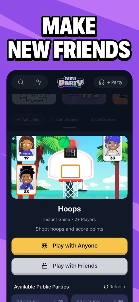Bunch is MiniParty! - Los usuarios pueden unirse a partidas públicas con el juego "Hoops" (X) o crear salas privadas con amigos (Y), facilitando nuevas conexiones o encuentros existentes.