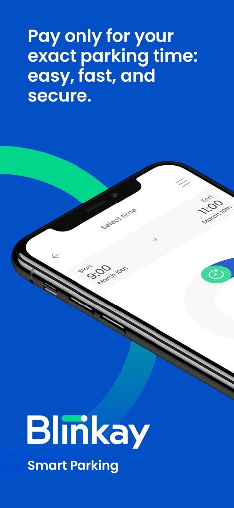 Blinkay: smart parking app - See how the app facilitates exact parking duration selection through an intuitive time interface and clear display of start and end times.