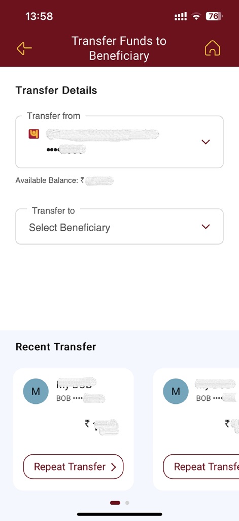 PNB ONE - The app streamlines fund transfers, allowing users to easily select beneficiaries and utilize the convenient 'Repeat Transfer' feature for frequent transactions.