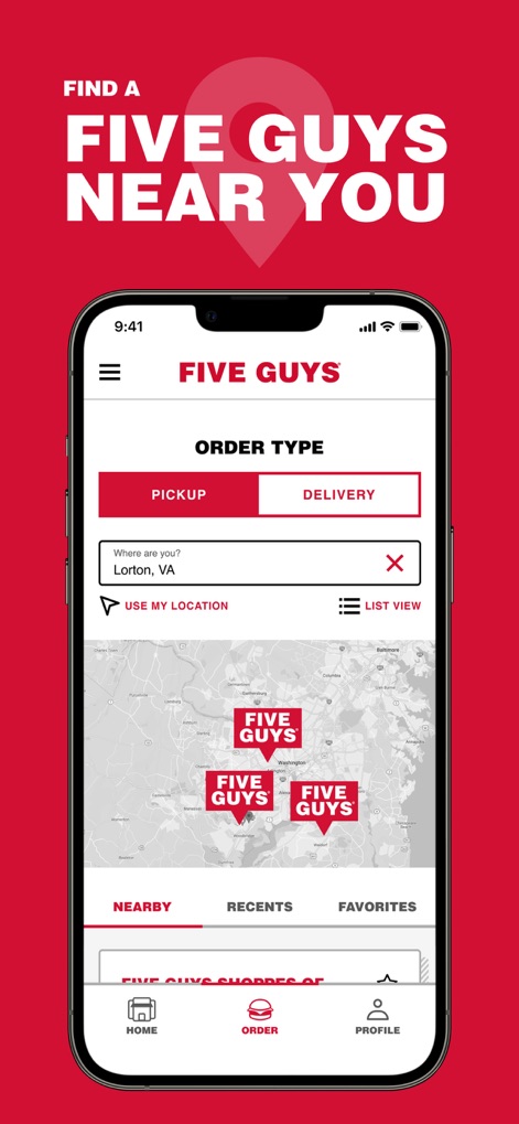 Five Guys Burgers & Fries - Mit der integrierten Karte können Nutzer mühelos nahegelegene Five Guys Restaurants finden und ihre bevorzugte Filiale über die Suchfunktion bestimmen.