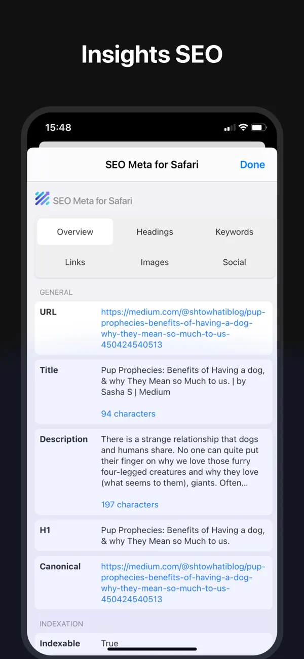 Screenshot #1 pour SEO Meta for Safari