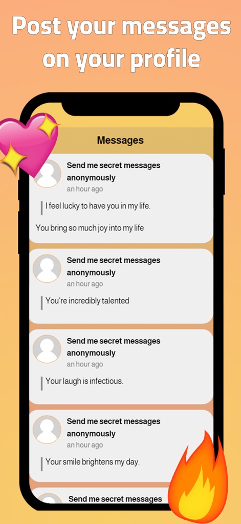 TwetLink - anonymous messages - La schermata illustra come gli utenti possano pubblicare e mostrare sul proprio profilo i messaggi ricevuti, visualizzando una sequenza di "commenti positivi anonimi" all'interno dell'interfaccia della "lista dei messaggi".