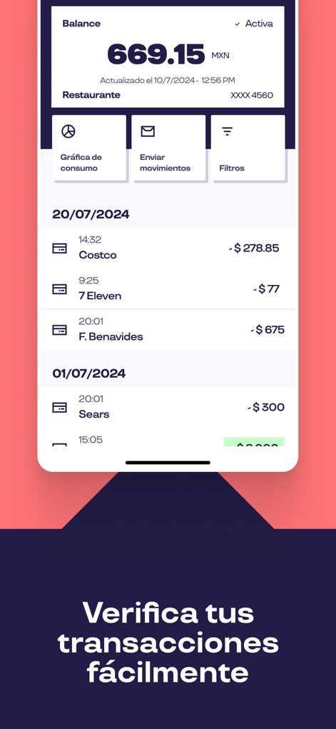 Pluxee Mexico - Review the detailed transaction history, featuring real-time balance updates and convenient filtering options for financial oversight.