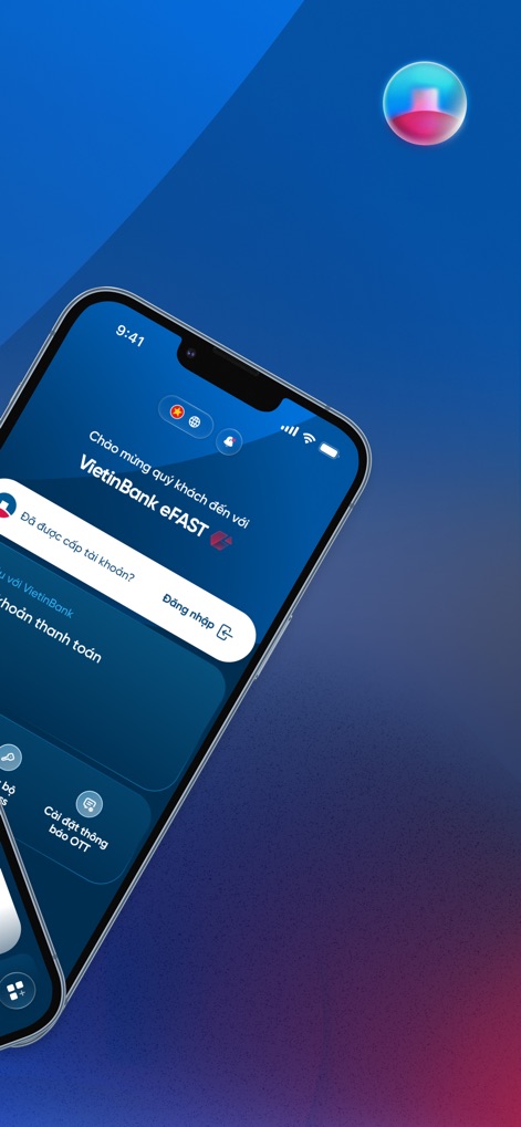 VietinBank eFAST One - Cet écran d'accueil convivial guide les nouveaux utilisateurs vers la création de compte ou la connexion, tout en intégrant un message de bienvenue personnalisé et l'identité visuelle de la marque.