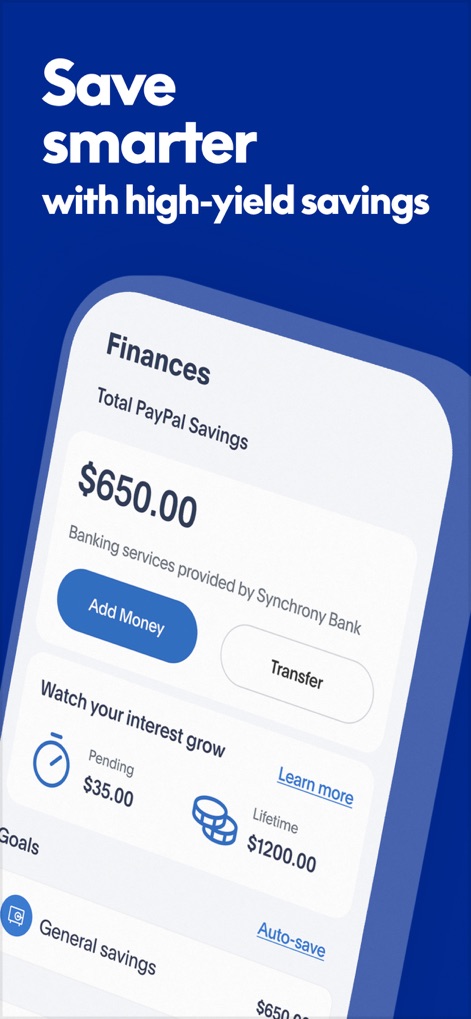 PayPal - Pay, Send, Save - Discover the 'Total PayPal Savings' feature, which helps users 'Save smarter' with a high-yield account, prominently displaying 'Pending' and 'Lifetime' interest earned.