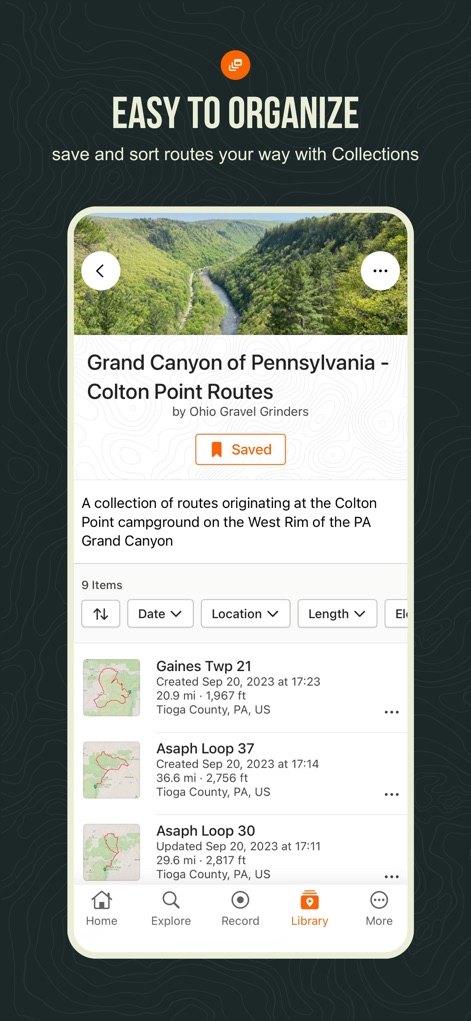 Ride with GPS: Bike Navigation - L'application propose des "Collections" pour structurer les itinéraires sauvegardés et offre des options de tri avancées par date ou par longueur pour une gestion efficace.