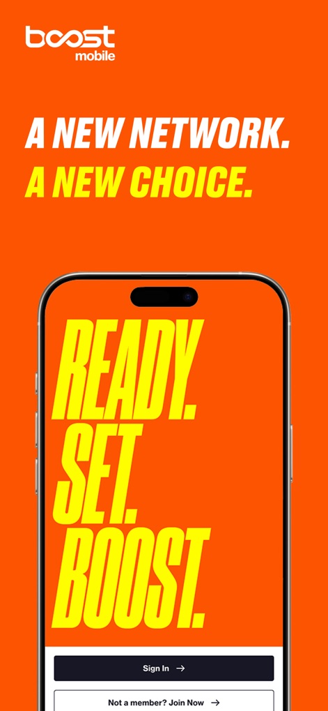 Boost Mobile - La pantalla de inicio presenta un llamativo diseño con un fondo naranja brillante y opciones directas como 'Sign In' o 'Join Now' para facilitar el acceso a los usuarios.