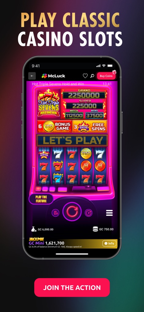 McLuck Casino: Games & Slots - Engage with the timeless appeal of classic slot games, presenting traditional fruit symbols and an exciting 'Hold and Win' bonus game indication.