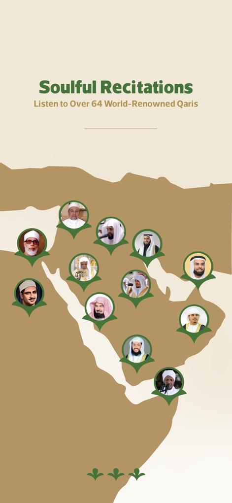 Wahy: Holy Quran - Immerse in the beauty of Quranic recitation with access to over 64 world-renowned Qaris, visually represented across a geographical map.
