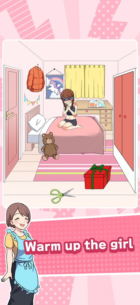 Tricky Mean - Brain puzzle - Users can manipulate objects like the blanket and scissors to warm up the girl.