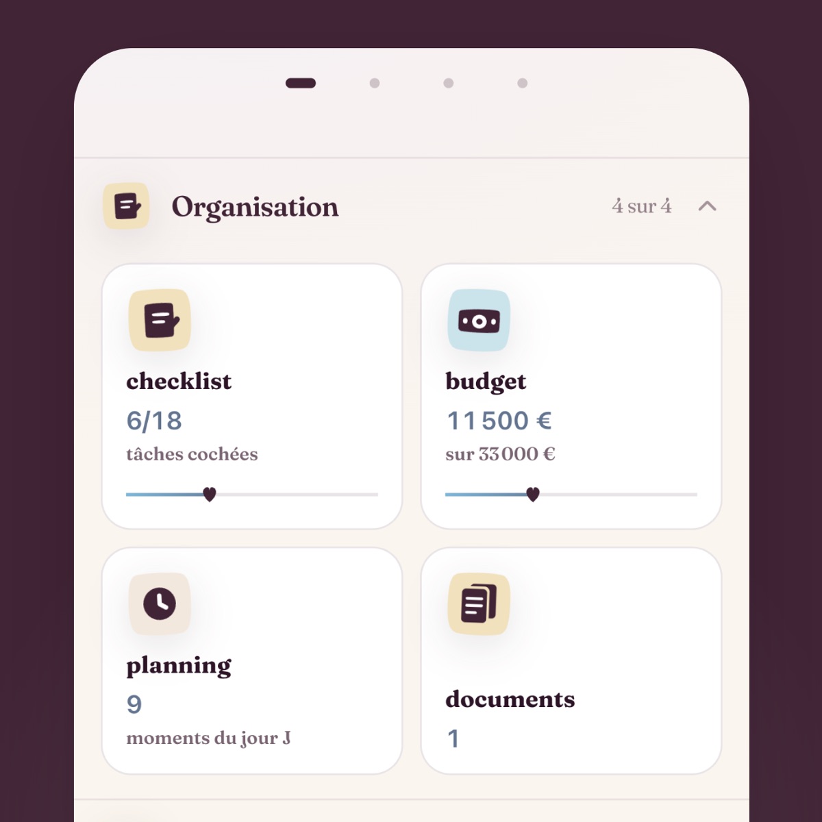 Écran d'accueil de l'application WEWED : checklist, budget, planning et prestataires en un coup d'œil