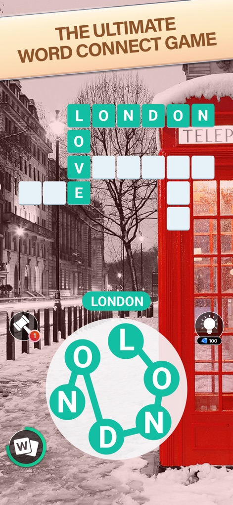Word City: Connect Word Game - Los usuarios pueden formar palabras en el tablero de crucigramas mientras disfrutan de un fondo temático de Londres con una icónica cabina telefónica roja.