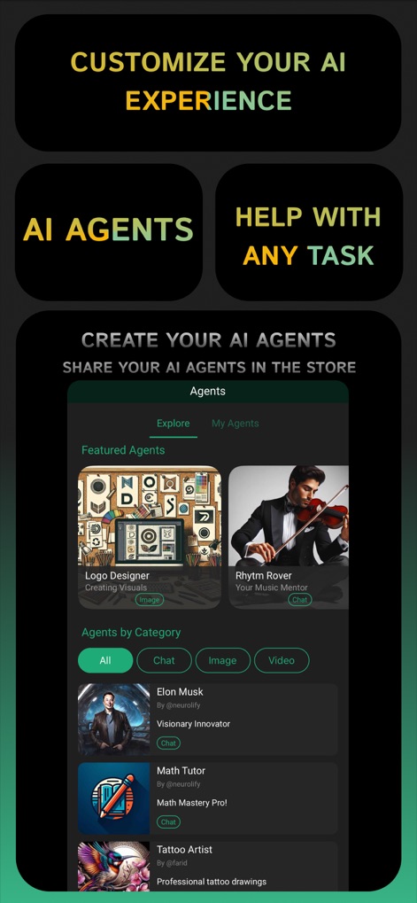 Clever AI Hub - Pro AI Agents - The app enables users to customize their AI experience by exploring a diverse marketplace of AI Agents and leveraging categorized agents like the "Logo Designer" for specific tasks.
