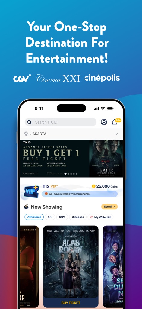 TIX ID - Discover how the app presents a clean 'Now Showing' section with diverse movie posters and an integrated search bar for quick navigation.