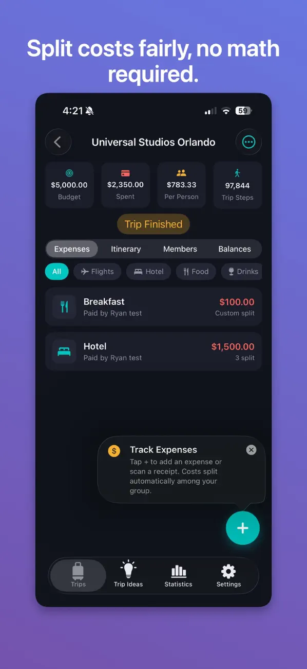 Mango Trip Planner shared expense screen