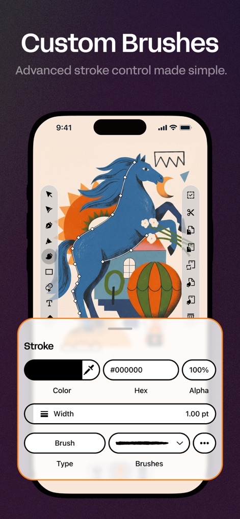 Linearity Curve Graphic Design - 사용자는 이 도구의 하단 패널에서 맞춤형 브러시를 설정하여 독특한 스타일을 적용하고, 스트로크 너비 및 색상과 같은 다양한 속성을 정밀하게 조정하여 개성 있는 벡터 아트를 완성할 수 있습니다.