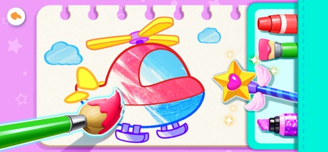 Baby Panda's House Games - Unleash creativity through engaging art activities, utilizing a digital paintbrush and a selection of colorful markers to complete delightful illustrations.