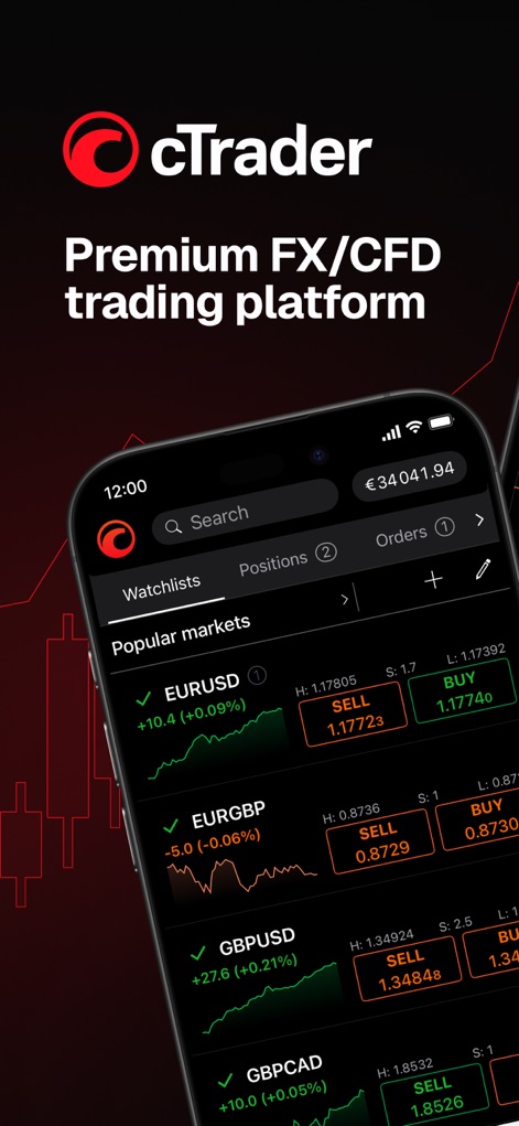 cTrader: Trading & Charting - The app presents a dynamic watchlist of popular markets like EURUSD and EURGBP, displaying real-time price movements and instant trading options.