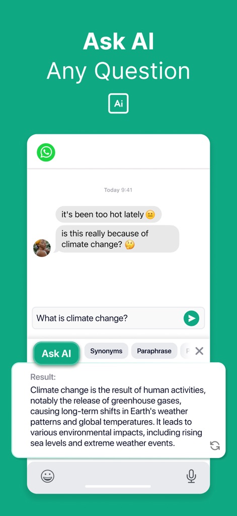 TypeAI: AI Keyboard & Writer - The app enables users to ask any question directly within a chat interface, providing comprehensive answers and an 'Ask AI' button for interaction.