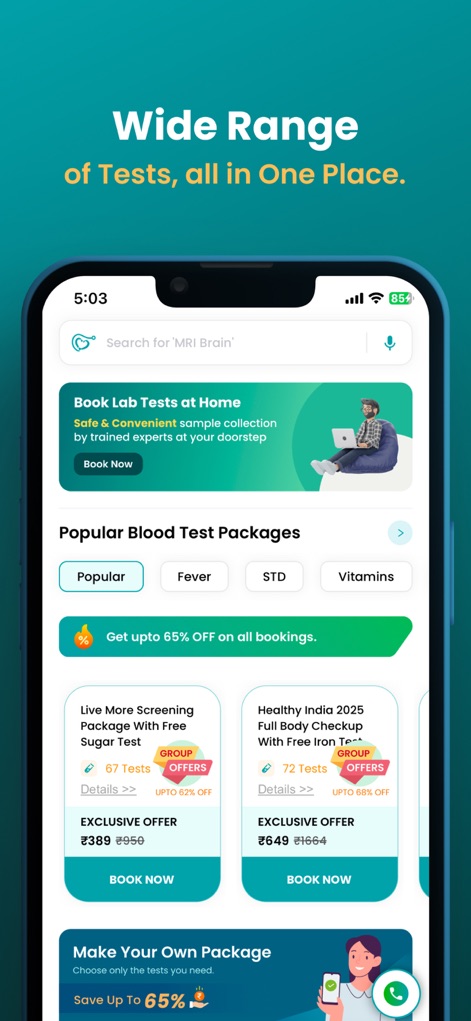 Healthians - Full Body Checkup - Browse an extensive catalog of diagnostic services, including a 'Search for 'X-Ray'' function and diverse 'Popular Blood Test Packages' with special offers.