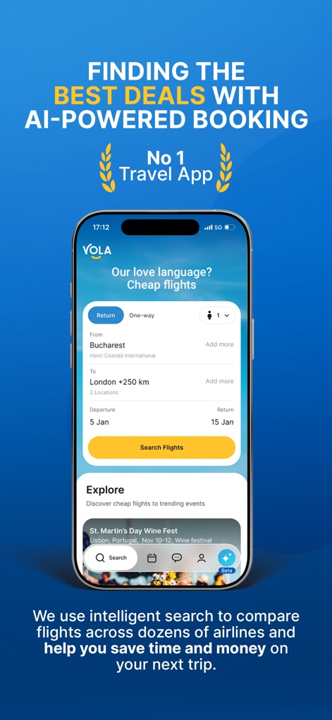 GoVola - Cheap Flights - See how the app streamlines flight search with intuitive date pickers and an "Explore" section highlighting trending events.