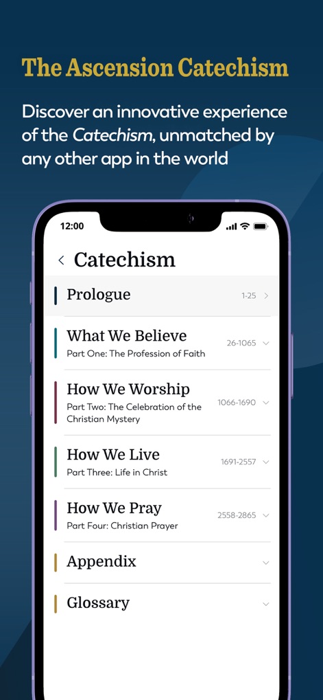 Ascension: Catholic Bible - Cet outil structure le Catéchisme en sections claires comme 'Ce que nous croyons' et 'Comment nous adorons' pour une étude approfondie.