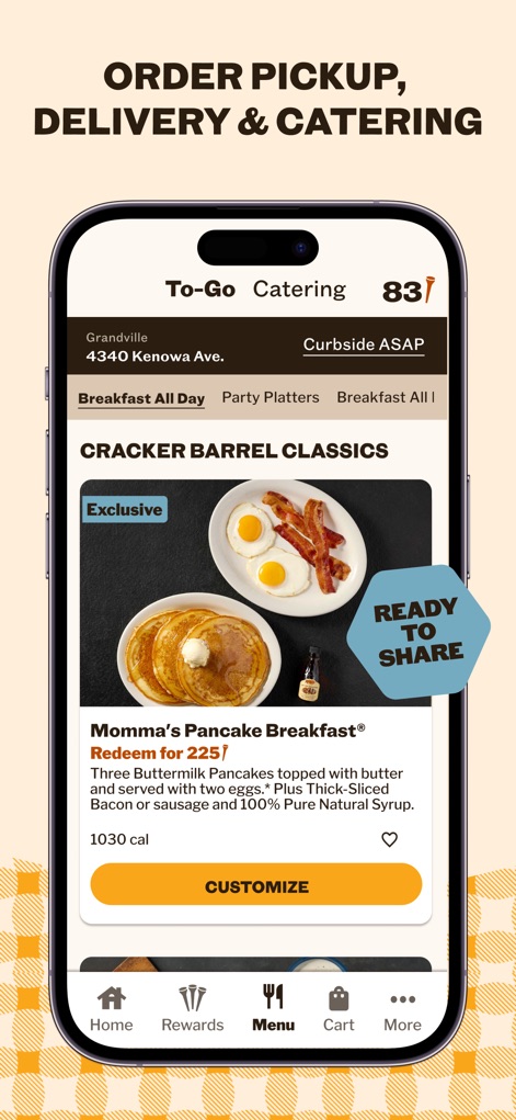 Cracker Barrel - This tool simplifies online ordering, showcasing detailed meal descriptions and options to 'Customize' dishes or redeem specific items like 'Momma's Pancake Breakfast'.