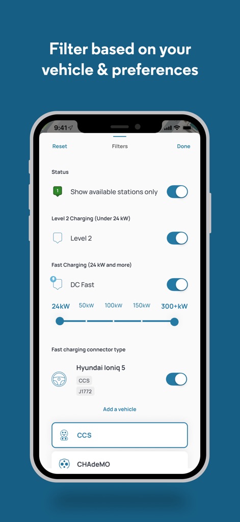FLO EV Charging - Users can refine their station search using various filters, such as toggling for 'Show available stations only' and selecting specific 'Fast charging connector types'.