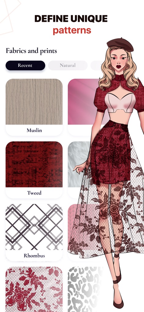 Fashion Design Sketches: Style - Discover an extensive library of fabric and print textures, including options like Muslin and Rhombus, organized by categories such as 'Recent' and 'Natural' for easy selection.