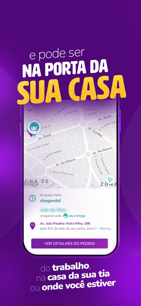 aiqfome: delivery de tudo - Esta tela demonstra o recurso de rastreamento de pedidos, com um mapa detalhado exibindo o trajeto do entregador e a mensagem 'tá quase, hein!', proporcionando tranquilidade aos usuários.