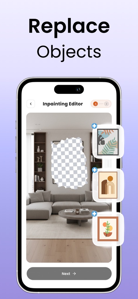 DecorAI: AI Interior Design - The 'Inpainting Editor' feature allows users to seamlessly replace objects within their space, offering a selection of diverse art pieces for integration.