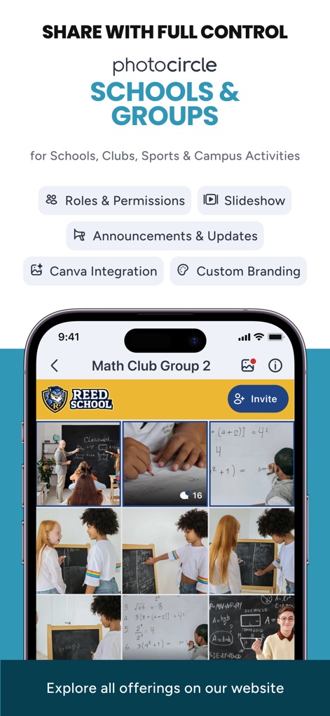 PhotoCircle - Per scuole e gruppi, l'app offre pieno controllo con funzionalità come "Roles & Permissions" e integrazione "Canva Integration", visibili nella barra superiore delle opzioni.