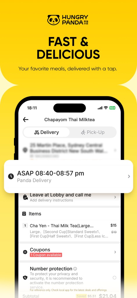 HungryPanda熊猫外卖 - Questo screenshot mostra la stima di consegna "ASAP 08:40-08:57 pm" per garantire rapidità, e la funzionalità di "protezione del numero" per un'esperienza utente riservata e senza preoccupazioni.
