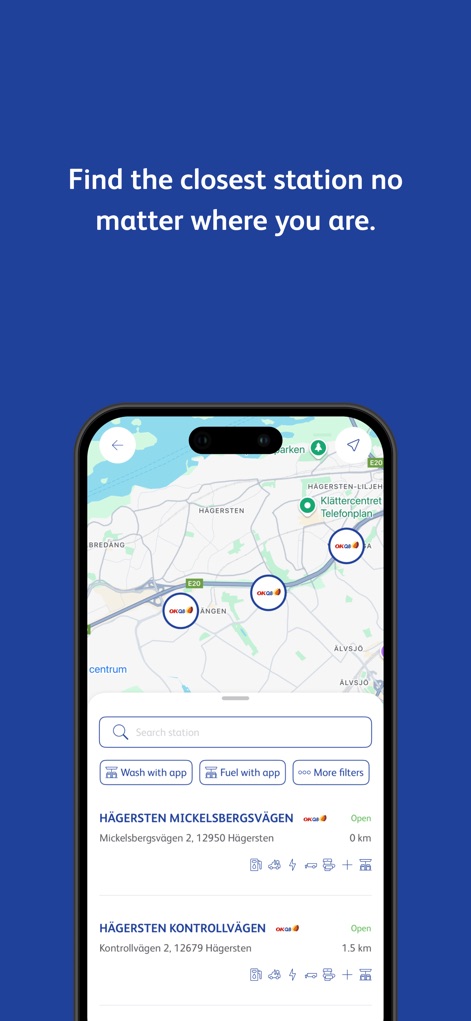 OKQ8 - The app features an interactive map interface, enabling users to easily find stations using the 'Search station' functionality and various filters.