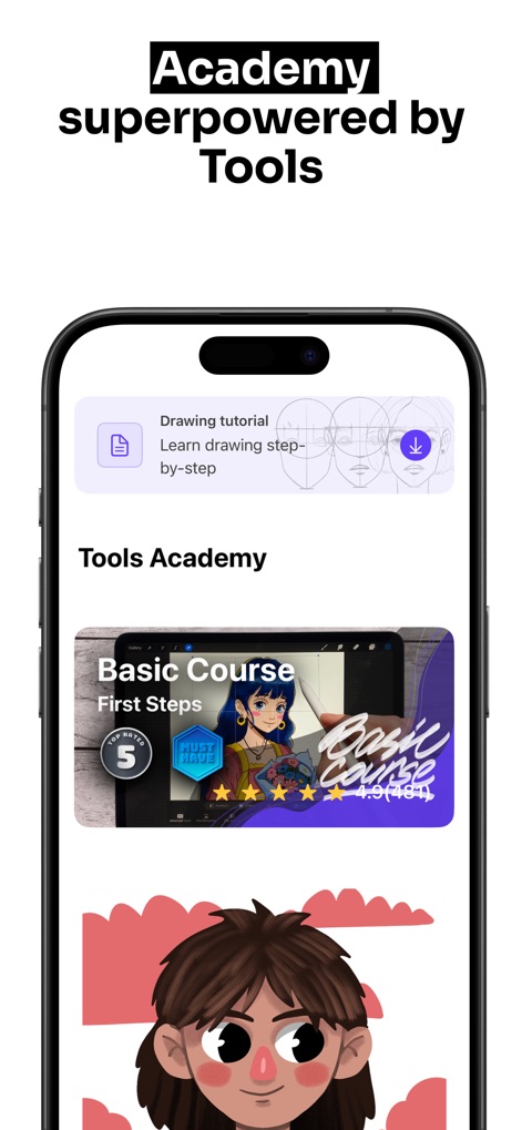 Tools for Procreate - ユーザーは、本アプリ内の「Academy」を通じてスキルを向上させることができ、「Drawing tutorial」で段階的な学習が可能です。特に「Basic Course」は、初心者がProcreateアートの基礎を習得するのに役立ちます。