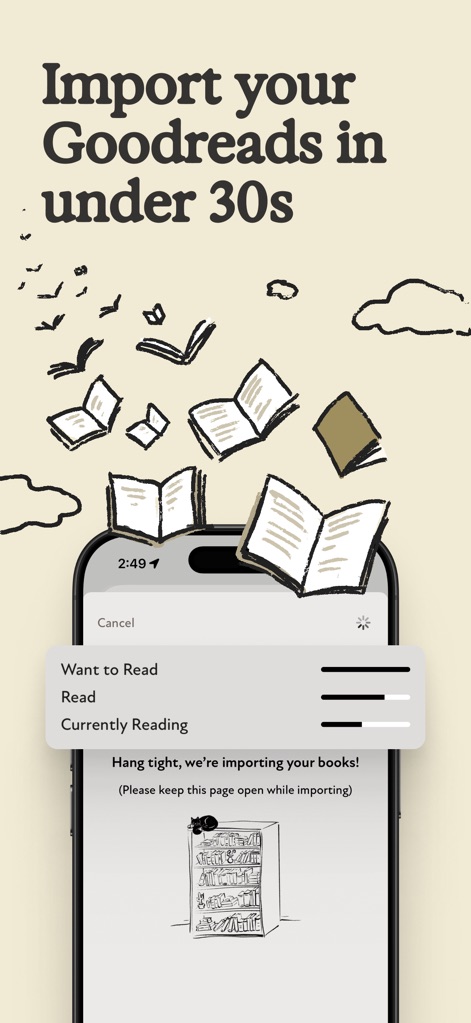 Margins: Book Tracker - Los usuarios pueden importar rápidamente sus datos de GoodReads, como las listas "Want to Read" y "Currently Reading", con una barra de progreso que indica el estado de la importación.