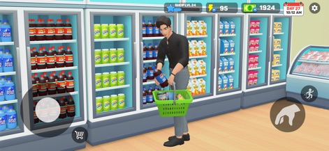 My Supermarket Simulator 3D® - Users can observe the extensive beverage aisle, featuring a wide selection of drinks displayed within modern refrigerated cases.